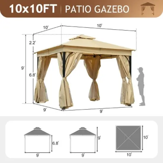 Patio Metal Gazebo with Double Roof and Netting,Outdoor Patio Hardtop Gazebo with Curtains,Patio Canopy for Garden,Deck-Coolbibila image {3}