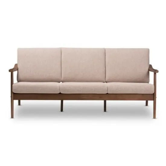 Venza Mid-Modern Walnut Wood Fabric Upholstered 3 Seater Sofa Light Brown - Baxton Studio image {1}