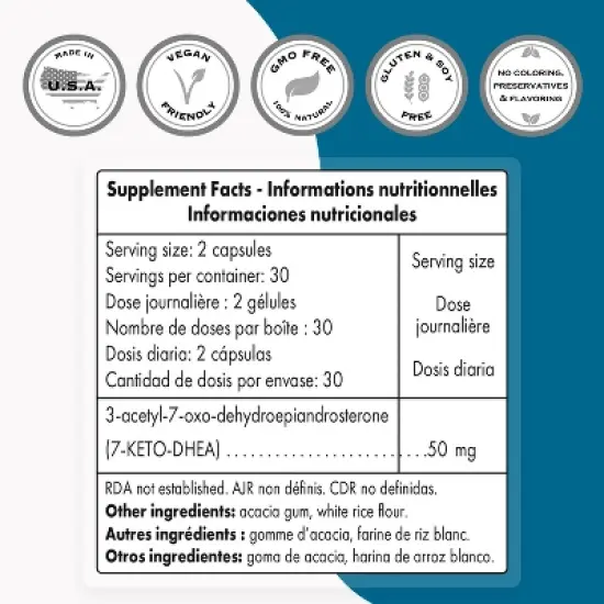 SuperSmart 7-Keto DHEA 25mg - Advanced DHEA Metabolite Supplement | Non-GMO & Gluten Free - 60 Vegetarian Capsules image {2}