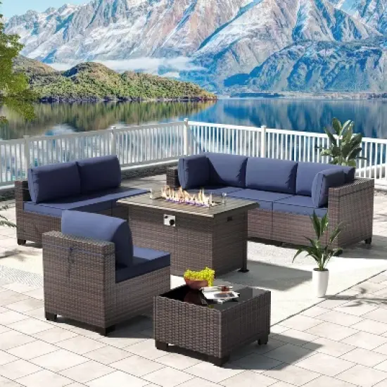 ALAULM 8 Pieces Outdoor Patio Furniture Set with 43" Gas Propane Fire Pit Table PE Wicker Rattan Sectional Sofa image {11}