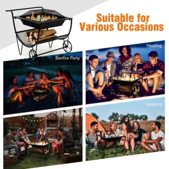 Tangkula 21.5" Fire Pit & Firewood Log Rack Outdoor Square Firepit & Firewood Holder with Spark Screen Rolling Wheels image {9}