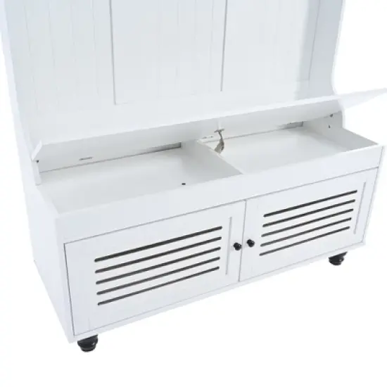 TIRAMISUBEST 5-in-1 Hall Tree with Storage Bench & 4 Hooks - Shutter Door Entryway Organizer for Coats, Shoes, Farmhouse Style, 47" image {8}