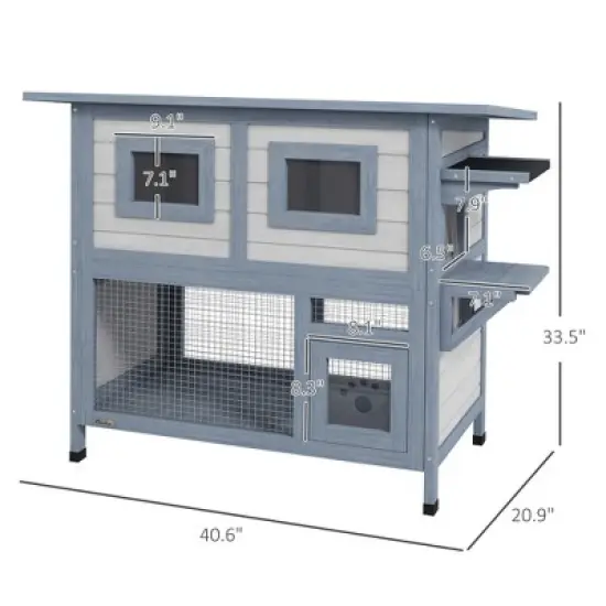 ORRD PawHut 2-Tier Outdoor Cat House, Weatherproof Feral Shelter w/ Escape Door, Asphalt Roof, Jump Platform, Light Gray image {6}
