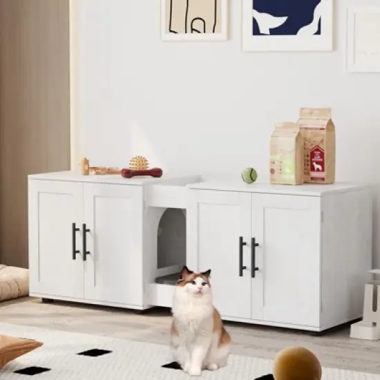 Double Cat Litter Box Enclosure &ndash; Hidden Wooden Cat House with Storage, Ventilated Odor Control image {4}