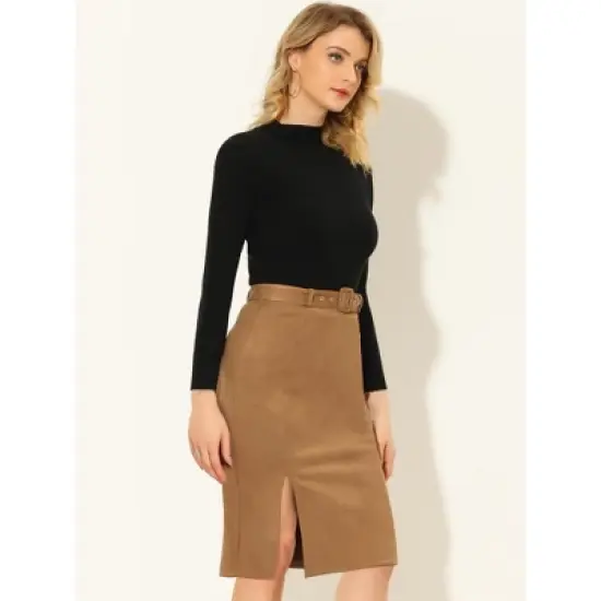 Allegra K Women's Faux Suede High Waist Belted Knee Length Slit Pencil Skirt image {2}