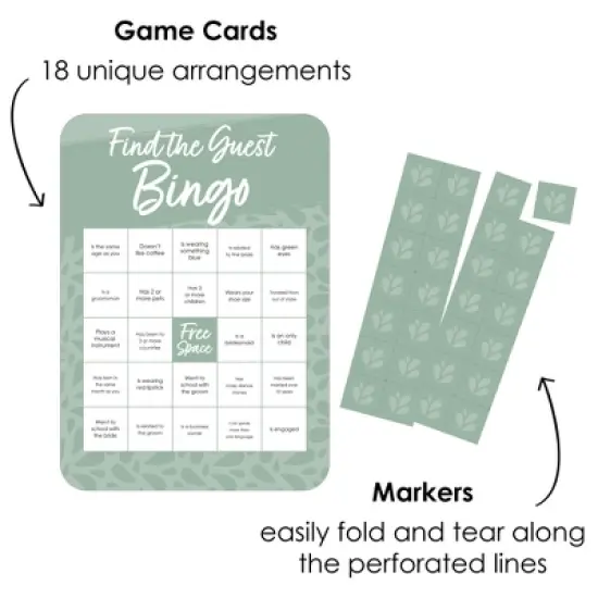 Big Dot of Happiness Sage Green Elegantly Simple - Find the Guest Bingo Cards and Markers - Wedding & Bridal Shower Bingo Game  Set of 18 image {1}