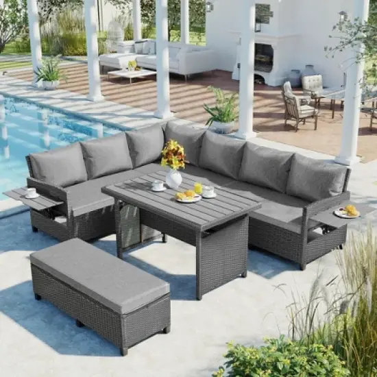 PDTEND 5-Piece Outdoor Patio Wicker L-Shaped Conversation Sofa Set with Cushions, 2 Extendable Side Tables, Dining Table, Washable Covers image {12}