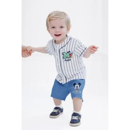 Disney Mickey Mouse Mickey Mouse Baseball Jersey V-neck Button Down Shirt Denim Shorts Outfit Set Newborn to Infant image {1}