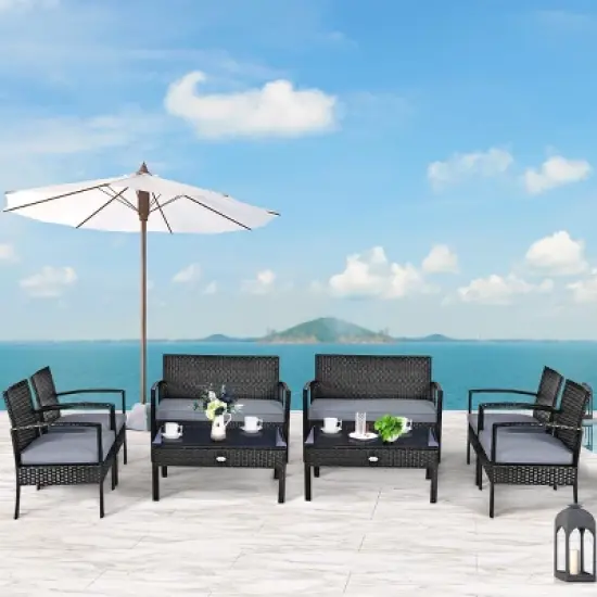Tangkula 4PCS Rattan Wicker Outdoor Patio Conversation Set Cushioned Sofa Coffee Table image {3}