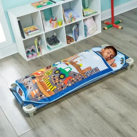 EVERYDAY KIDS Construction Toddler Cot Nap Mat for Home, Daycare, Preschool ; Easy to Roll Sleeping Mat with Elastic Straps, Pillow and Blanket image {3}