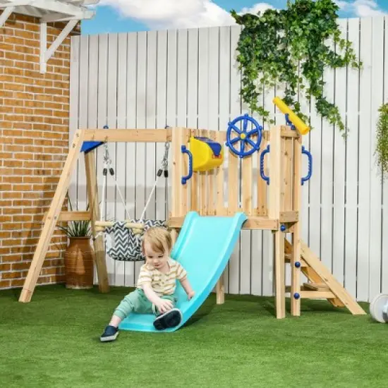 Outsunny Wooden Outdoor Playset with Baby Swing Seat, Toddler Slide, Wheel, Telescope, Backyard Playground Set, Kids Playground Equipment, Ages 1.5-4 image {2}
