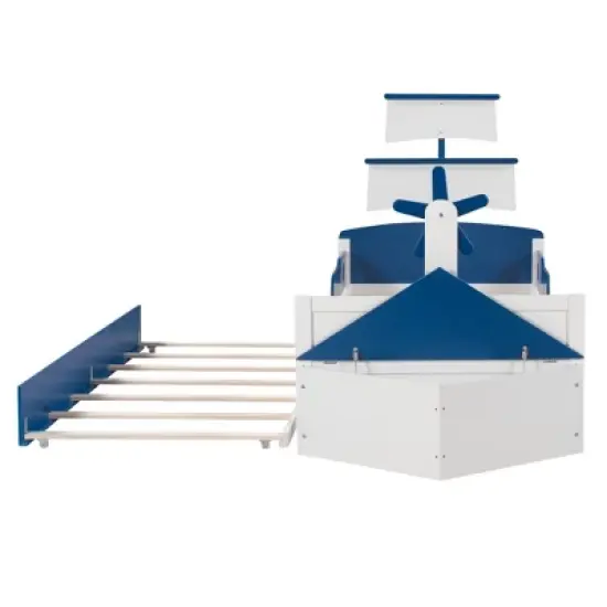 Twin Size Boat-Shaped Platform Bed with Trundle Bed and Storage Footboard-ModernLuxe image {7}