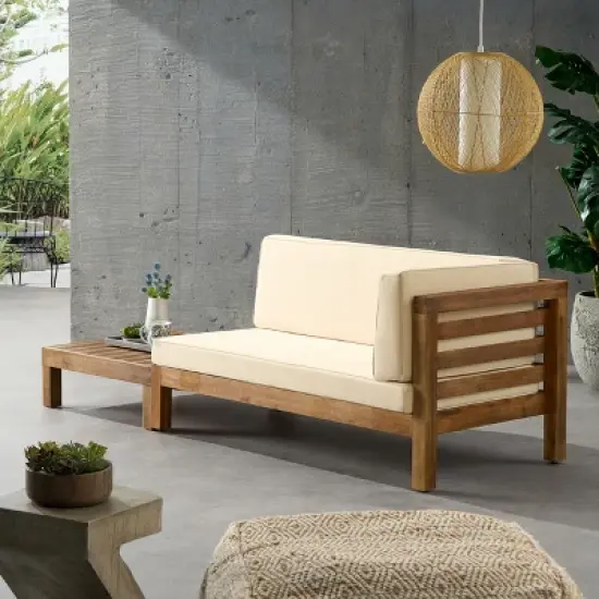 Christopher Knight Home Oana Outdoor Acacia Wood Right Arm Loveseat and Coffee Table Set with Cushion image {8}