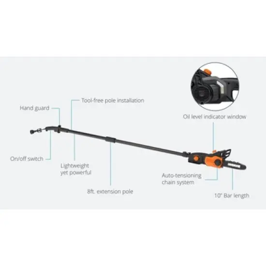 WG309 Worx 10" 2 in 1 Electric Chainsaw and Pole Saw Attachment with Auto-Tension, Rotating Handle and Safety Chain Brake image {2}