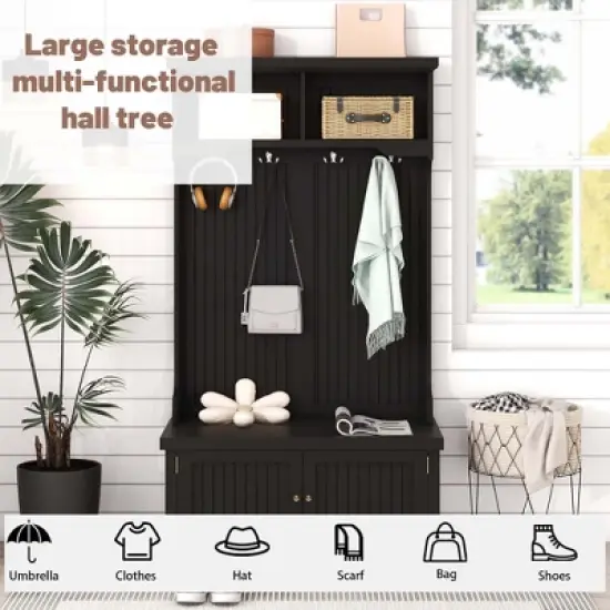 GustoWave 64.4''H Hall Tree Entryway Organizer with Storage Shoe Bench, Multi-Functional Coat Racks with 4 Hooks for Living Room, Black image {3}