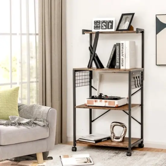 Costway 4-Tier Rolling Bakers Rack Industrial Utility Microwave Oven Stand Cart w/ Hooks image {7}