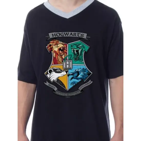 Harry Potter Mens' Hogwarts Houses Crest Stained Glass Sleep Pajama Shirt Black image {1}