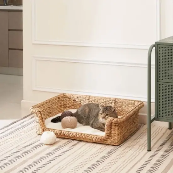 Vifah Kylie Hand-Woven Water Hyacinth Cat House with Cushion - M/L - 21" - Brown image {2}
