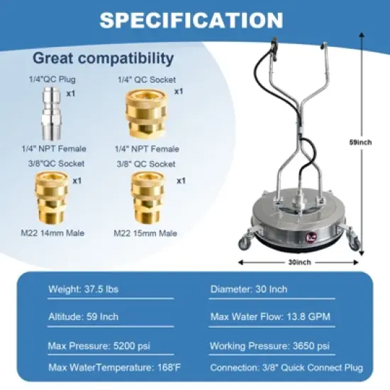 30" Pressure Washer Surface Cleaner, Dual Handle Stainless Steel Power Washer Surface Cleaner with 4 Wheels, 5200 PSI image {4}