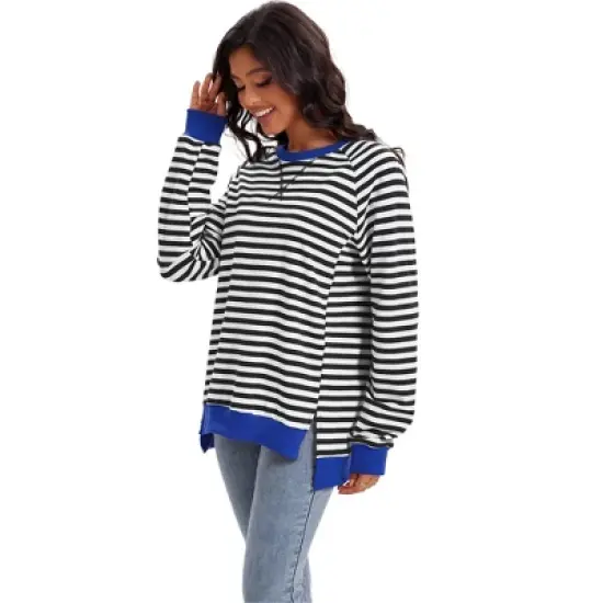 ATHLECHIC Women's Split Hem Striped Color Block Crew Neck Casual Loose Oversized Sweatshirt Shirt Tops image {2}