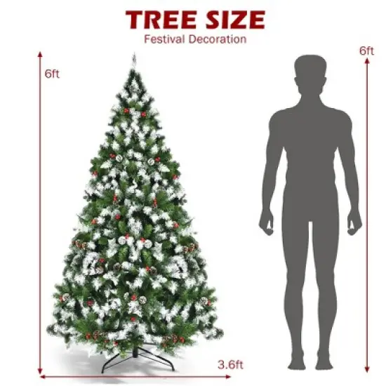 Costway 6ft\7.5ft\9ft Pre-lit Snowy Christmas Tree 818\1398\2058  Tips w/ Pine Cones & Red Berries image {2}