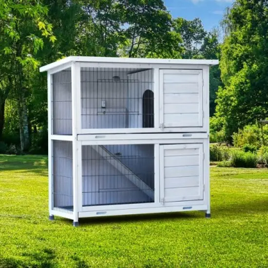 FURNIinspire Rabbit Hutch Outdoor, 2-Story Rabbit Cage Indoor with Run, Bunny Cage with 2 Removable No-Leak Trays, Non-Slip Ramp, 41"*19.7"*40.55" image {5}