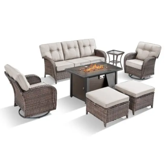 Belord Outdoor Wicker Patio Furniture Set with 43" Propane Fire Pit Table, Swivel Patio Chairs Set with Sofa Couch, Fire Pit Table and Ottoman image {3}