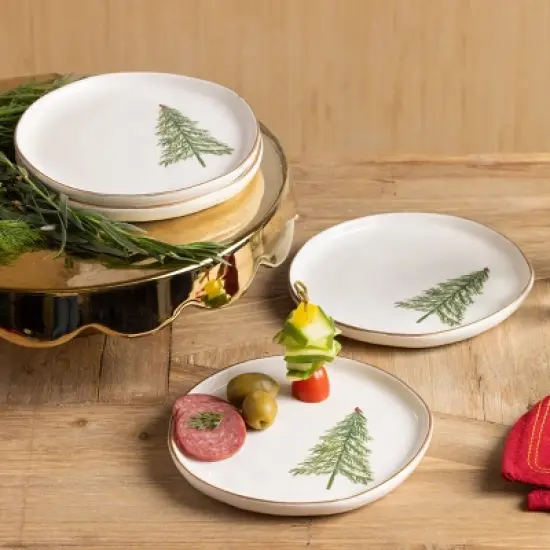 Transpac Set of 4 Ceramic Appetizer Plates Cardinal Tree Design Multicolor Christmas Tabletop Decor Safe for Dishware image {1}