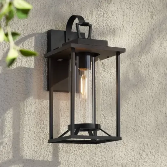John Timberland Frederick 15 1/2" High Industrial Outdoor Wall Light Fixture Mount Porch House Weatherproof Sand Black Finish Metal Clear Glass Shade image {1}