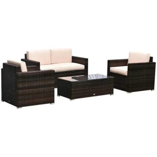 Outsunny 4-Piece Rattan Wicker Furniture Set, Outdoor Cushioned Conversation Furniture with 2 Chairs, Loveseat, and Glass Coffee Table image {9}