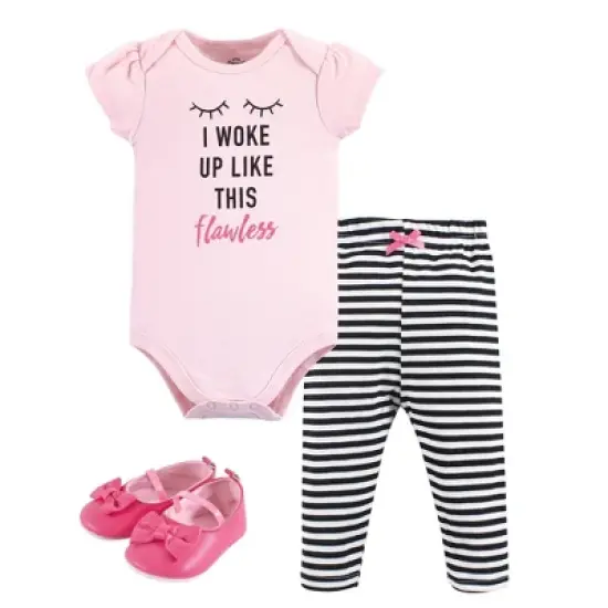 Little Treasure Baby Girl Cotton Bodysuit, Pant and Shoe 3pc Set, Flawless Short-Sleeve image {1}