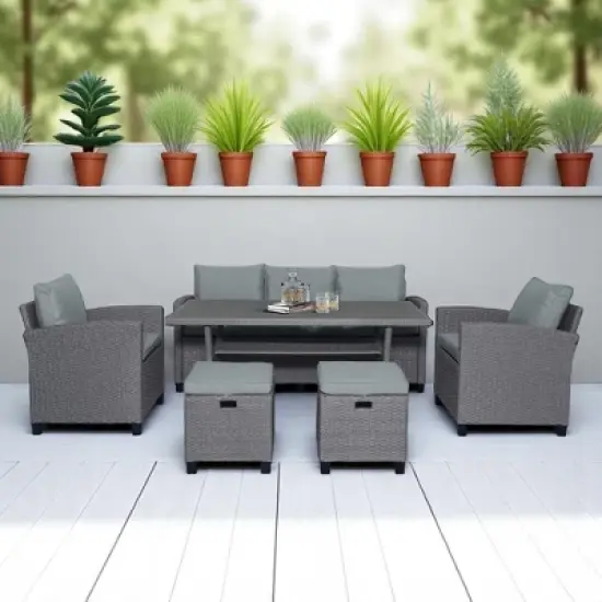 Mshliw 6-Piece Outdoor Rattan Wicker Patio Set - Sofa, Chairs, Stools, and Table, Weather-Resistant, Cushions Included image {2}