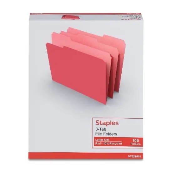 MyOfficeInnovations Colored File Folders 1/3-Cut Tab Letter Size Red 100/Box (224519) image {3}