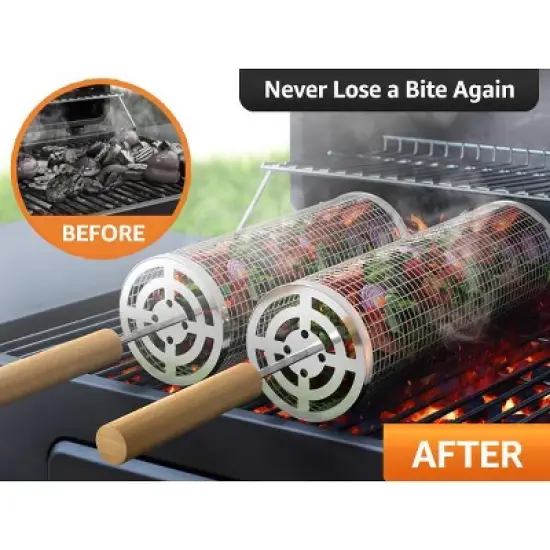 Sorbus 2 Pack Stainless Stee Rolling Grill Baskets with Removable Wooden Handle - BBQ, Outdoor Cooking, Camping image {6}