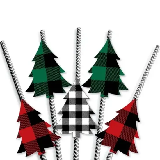 Big Dot of Happiness Holiday Plaid Trees - Paper Straw Decor - Buffalo Plaid Christmas Party Striped Decorative Straws - Set of 24 image {4}