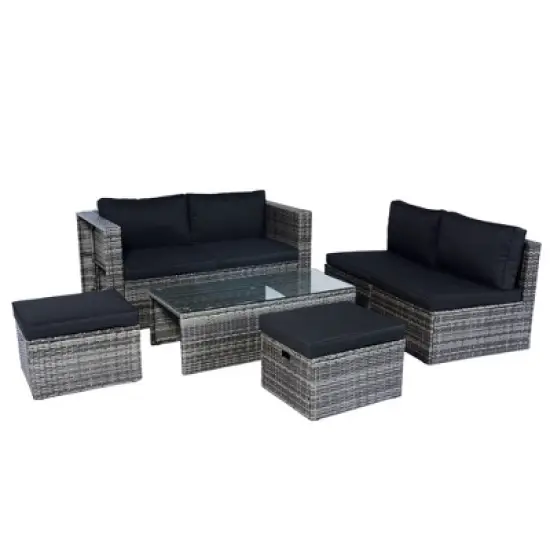 YOOCOZZ 6-Piece Outdoor Patio Wicker Rattan Sectional Sofa Set & Conversation Set with Space Saving Design - Grey+Black image {4}