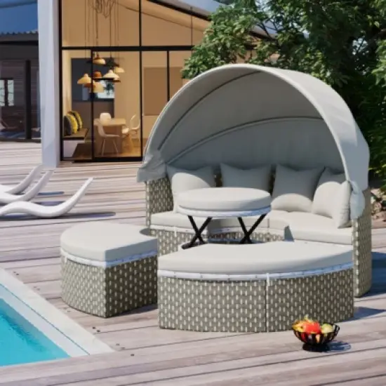 Outdoor Rattan Daybed with Retractable Canopy - Separate Seating and Removable Cushions image {4}
