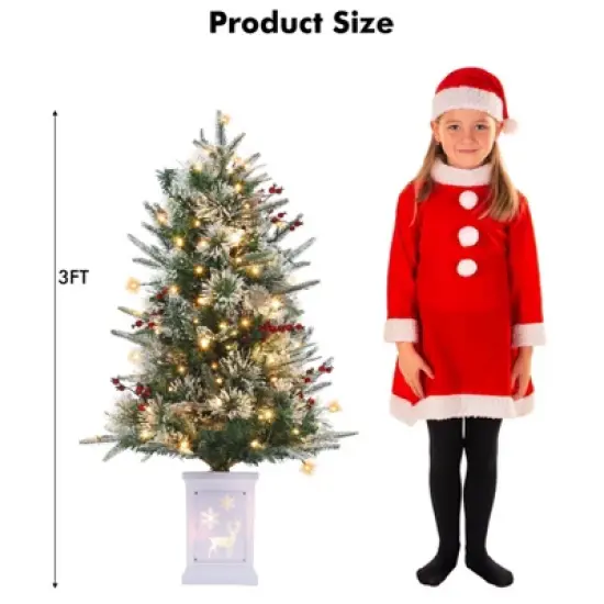 3ft Small Christmas Tree Pre-Lit Artificial Christmas Tree with 78 Led Lights, Snow Flocked Xmas Tree w/Base, Timer Function, Battery Operated image {2}