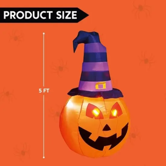 Joyfy 5 FT Halloween Inflatables Outdoor Decorations, Pumpkin Inflatable with Witch Hat, Built-in LEDs for Halloween Party Yard Garden Lawn Decoration image {7}
