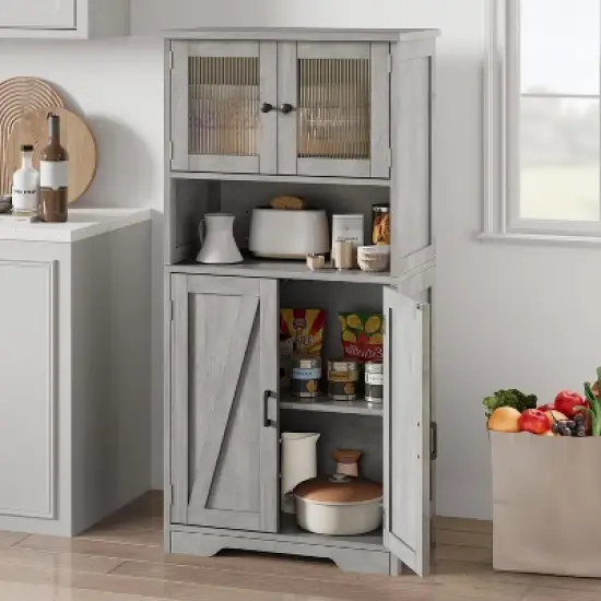 homfan Tall Bathroom Cabinet,Freestanding Storage Cabinet with Glass Doors and Adjustable Shelves, Modern Cupboard for Kitchen, Pantry, Living Room image {2}