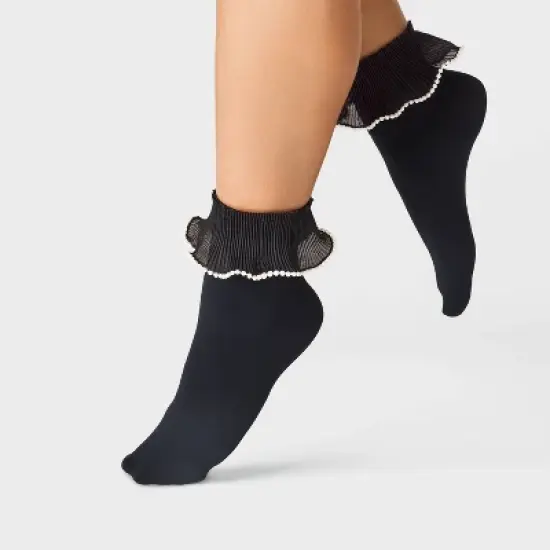 Women's Pearl Trim Ruffle Opaque Anklet Socks - A New Day&trade; Black/White One Size image {2}