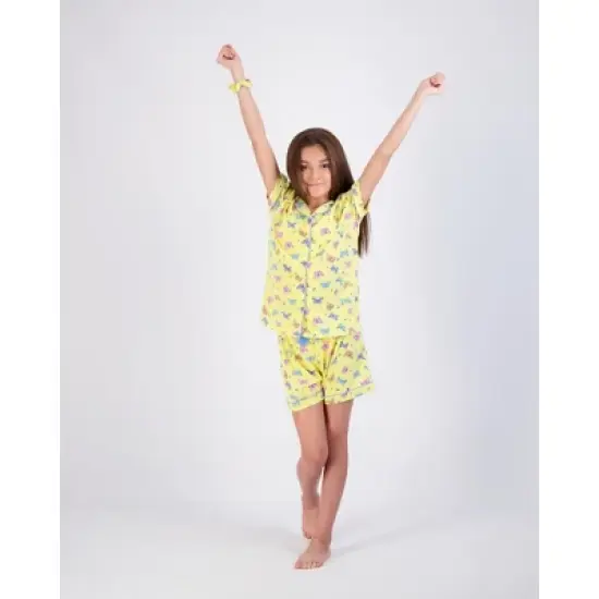 Sleep On It 2-Piece Girl's Pajama Shorts Set Featuring Multicolored Butterflies with Matching Scrunchie - Yellow Girls Sleepwear Set image {2}