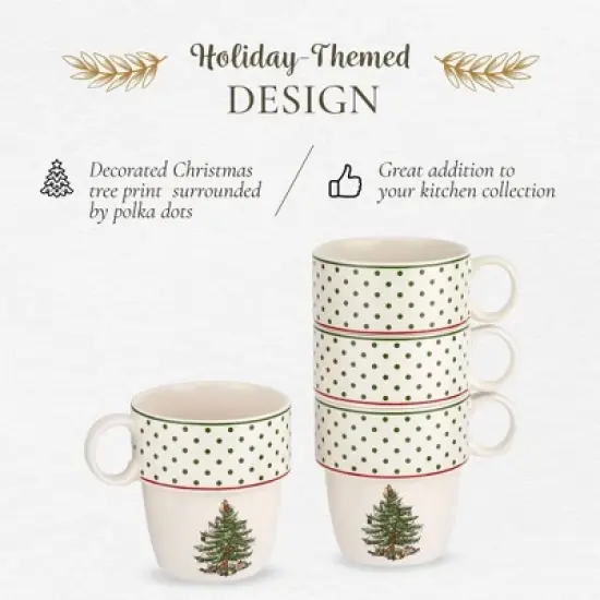 Spode Christmas Tree Polka Dot Stackable Mugs, Set of 4 - Festive 10oz Mugs, Dishwasher, Microwave, Freezer Safe - Fine Earthenware Holiday Mugs image {2}
