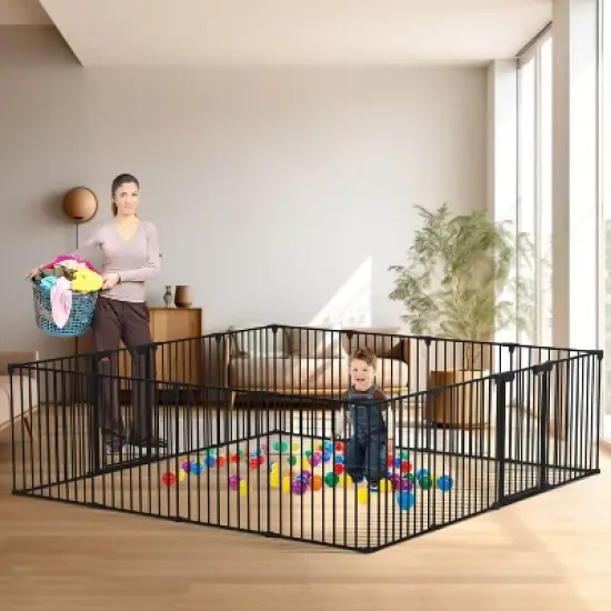 ELECWISH 8 Panels Foldable Baby Gate Heavy Duty Playpen, Extra-Wide, Auto-Close Door, Double Locking System, 27.5"-199" image {9}