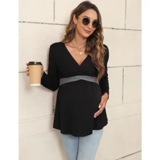 YesFashion Women&rsquo;s Maternity Shirts Long Sleeve Nursing Tops V Neck Patchwork Breastfeeding Shirts Pregnancy Clothes image {2}