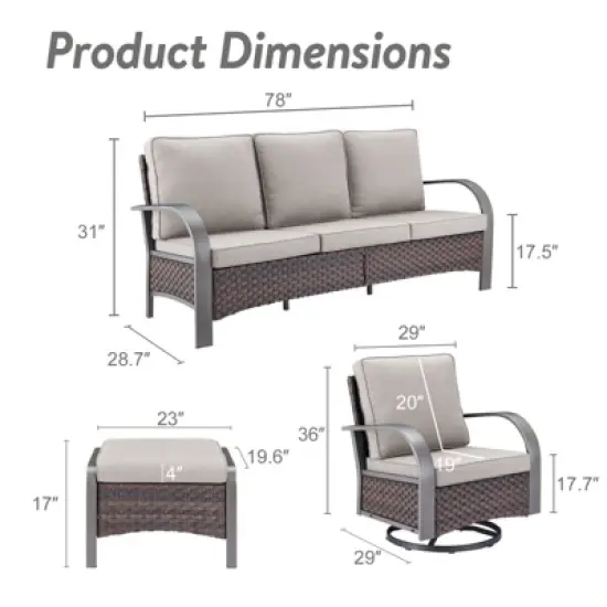 POCASSY 5PCS Outdoor Patio Furniture Set All-Weather Wicker Couch with Patio Swivel Rocking Outdoor Chairs and Ottomans, Patio Sofa Set for Backyard image {12}