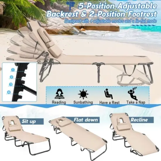 Tangkula 2PCS 5-Position Lounge Chair Adjustable Beach Chaise w/ Face Cavity & Pillows image {5}