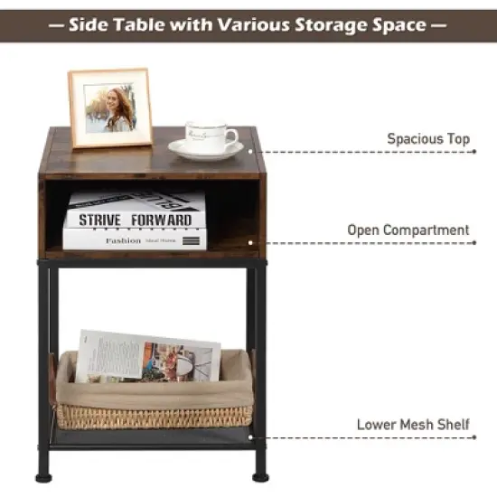 Costway Set of 2 Industrial Nightstand End Side Table W/ Compartment & Mesh Shelf image {6}