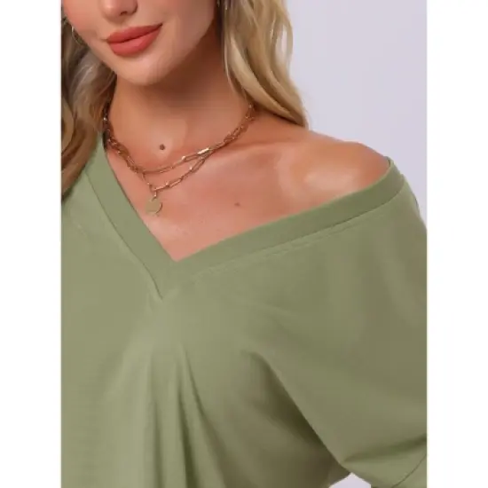 INSPIRE CHIC Women's Oversized V Neck Workout Tracksuit T-Shirts Tops with Biker Shorts Pajamas Lounge Set 2 Pcs image {4}