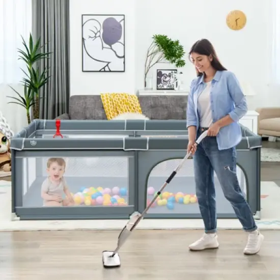 Infans Baby Playpen Extra-Large Safety Baby Fence w/ Ocean Balls & Rings Grey image {1}